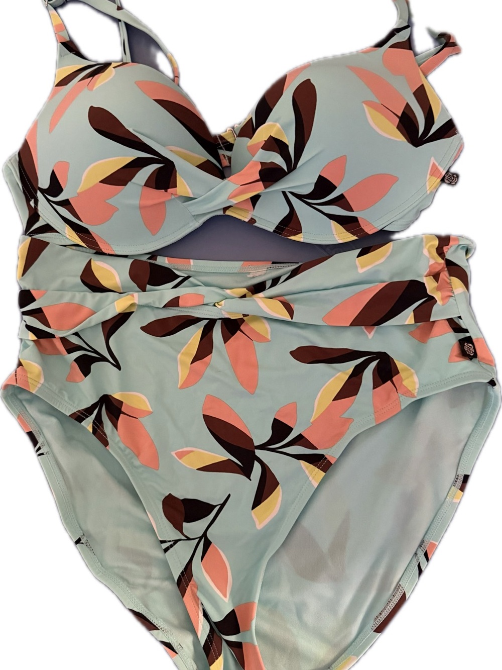 Floral Twist High-Waist Bikini Set — Mint, Coral & Brown